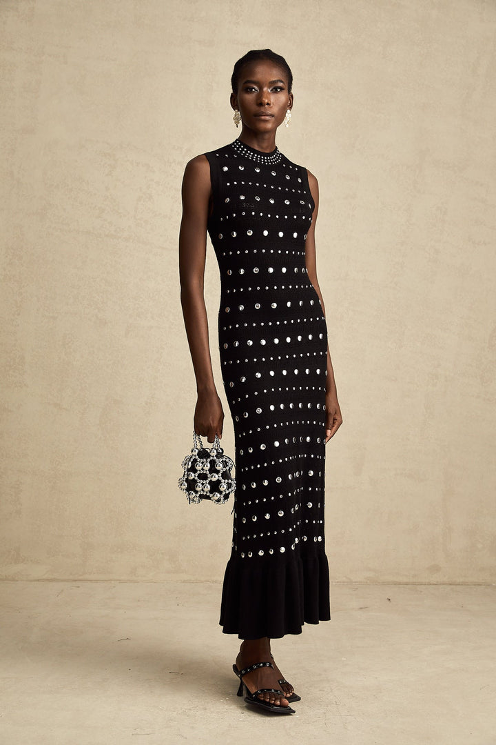 BLACK STUDDED CROCHET-KNIT MAXI DRESS