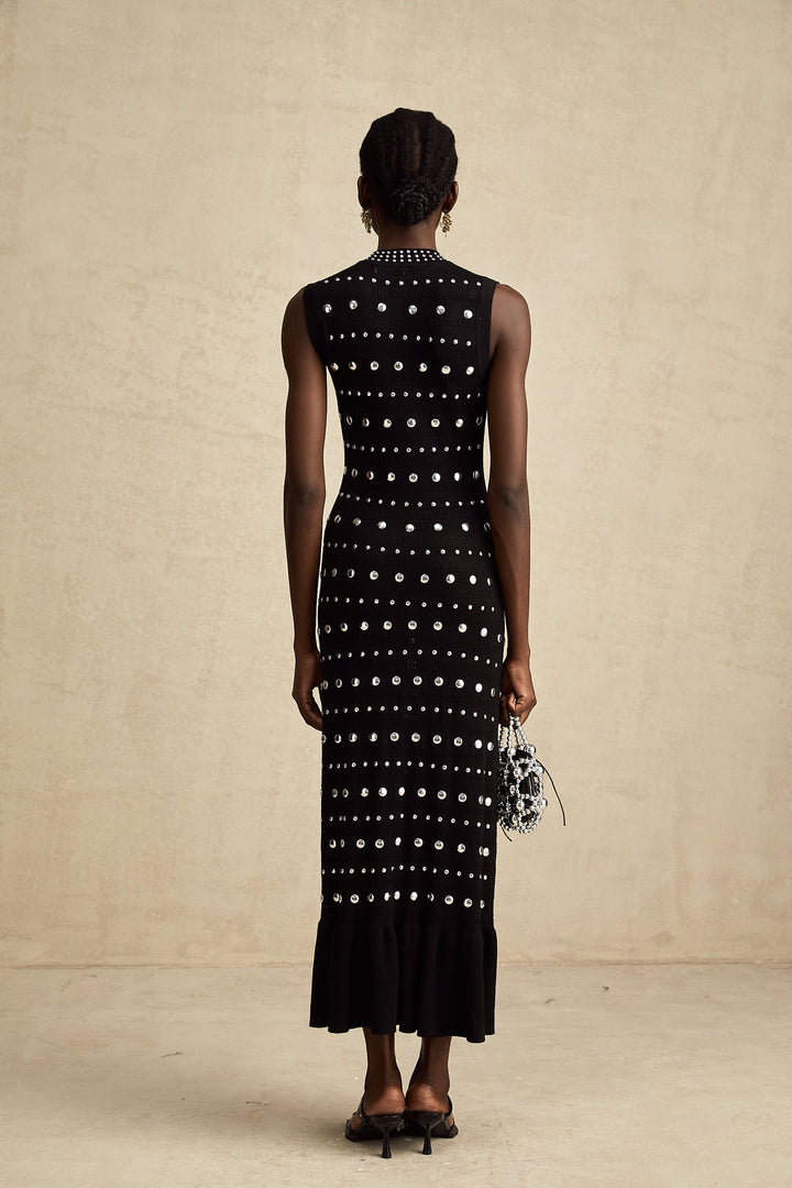 BLACK STUDDED CROCHET-KNIT MAXI DRESS