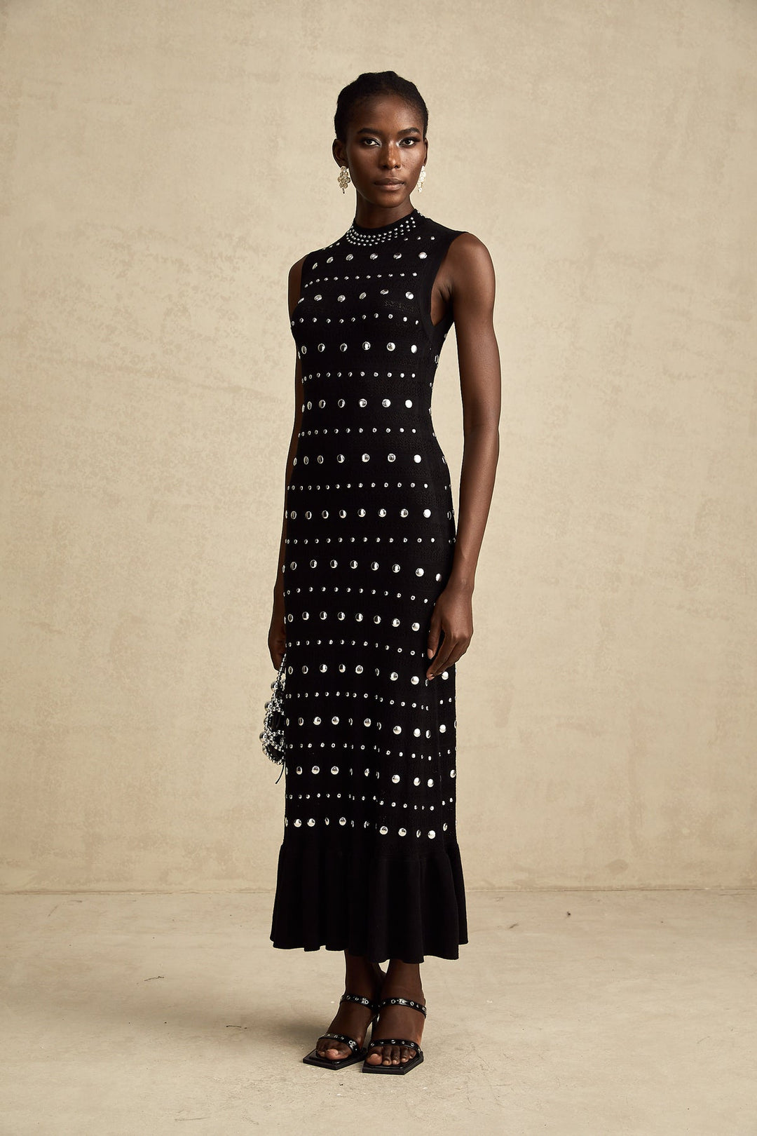 BLACK STUDDED CROCHET-KNIT MAXI DRESS