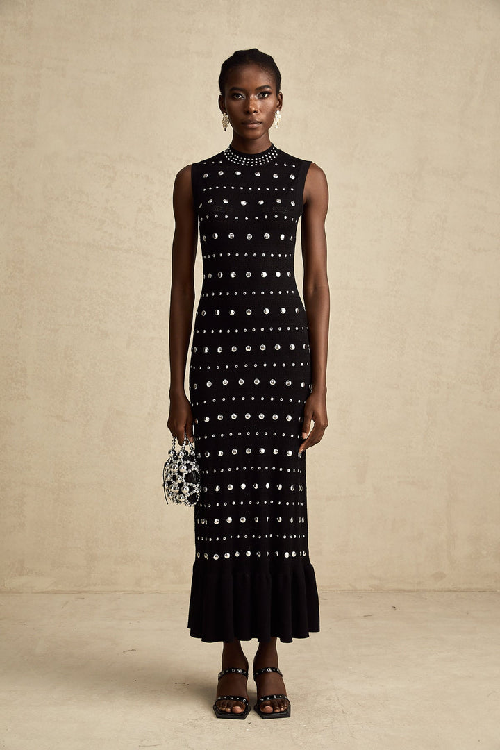 BLACK STUDDED CROCHET-KNIT MAXI DRESS