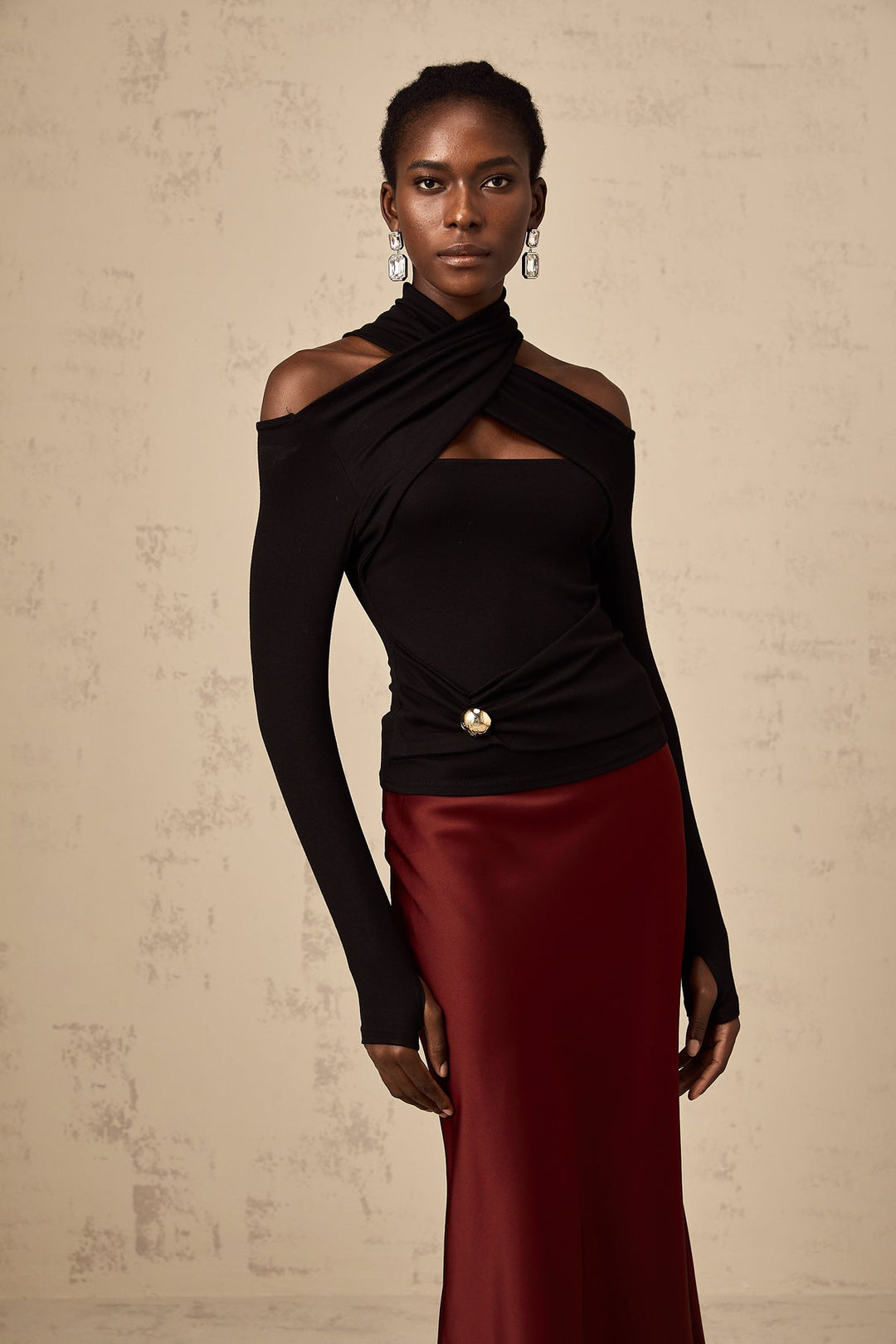 BLACK RUCHED STRETCH-JERSEY TOP