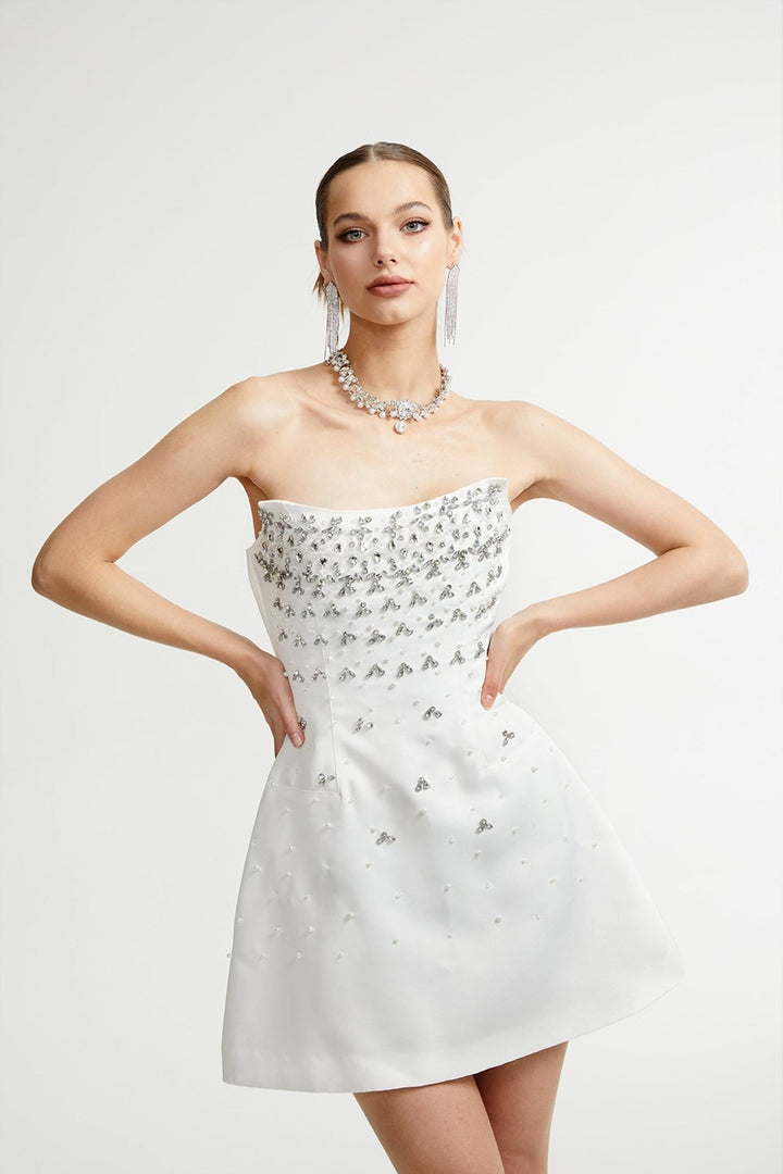 WHITE EMBELLISHED MINI DRESS