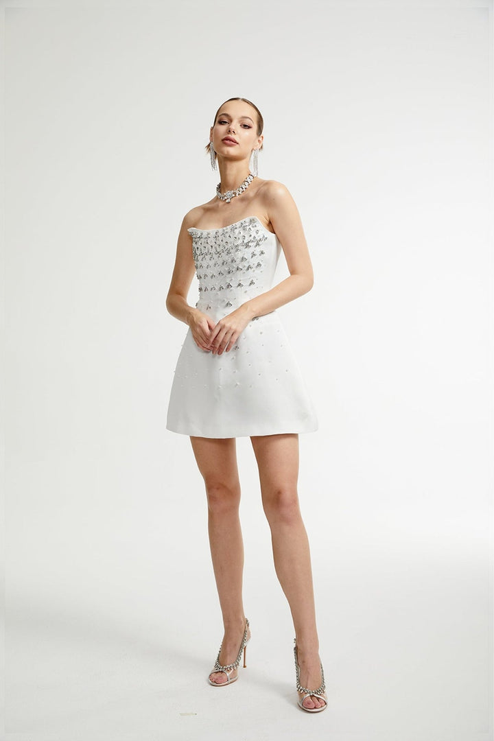 WHITE EMBELLISHED MINI DRESS