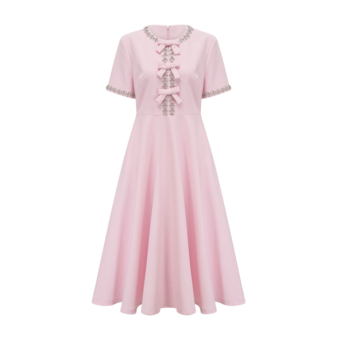 PINK BOW-DETAIL SHORT-SLEEVE CRYSTAL MIDI DRESS