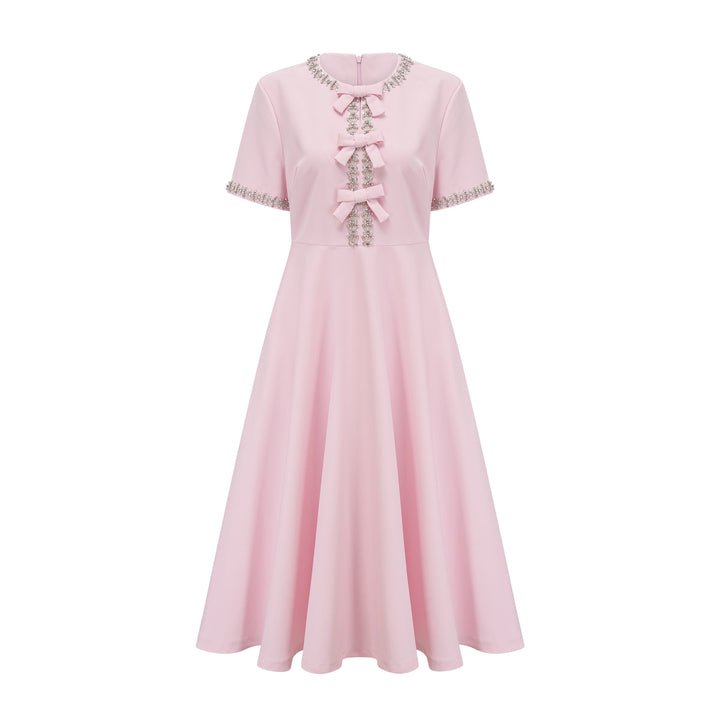 PINK BOW-DETAIL SHORT-SLEEVE CRYSTAL MIDI DRESS