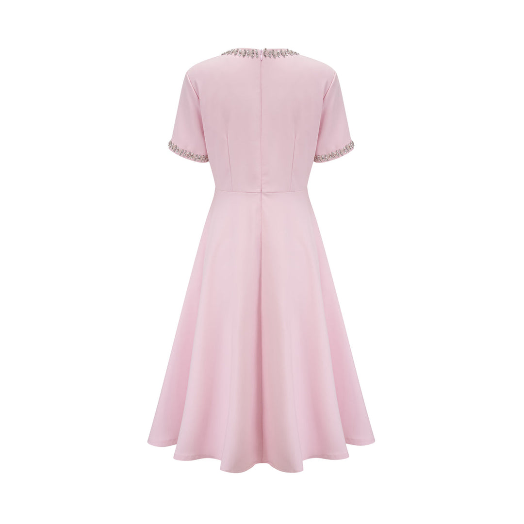 PINK BOW-DETAIL SHORT-SLEEVE CRYSTAL MIDI DRESS