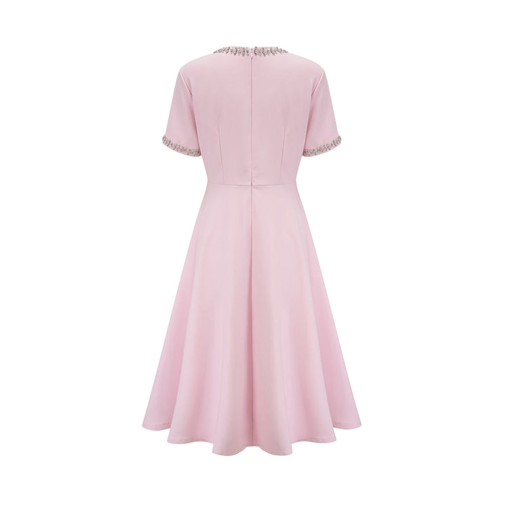 PINK BOW-DETAIL SHORT-SLEEVE CRYSTAL MIDI DRESS