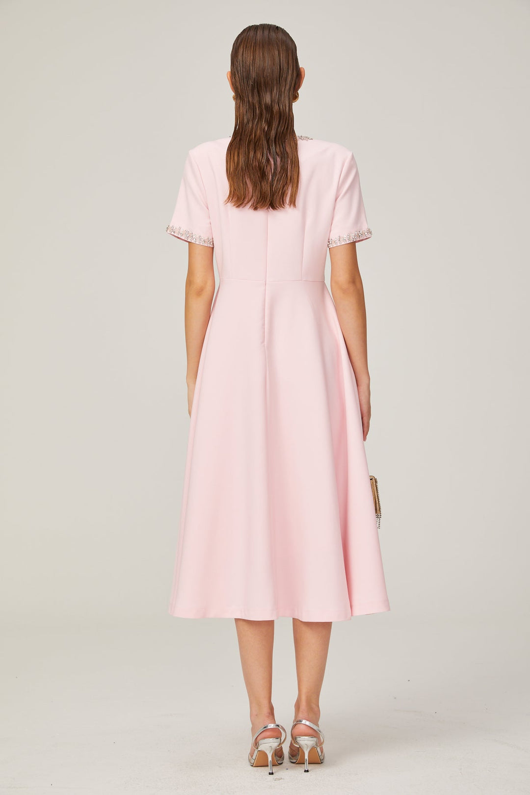 PINK BOW-DETAIL SHORT-SLEEVE CRYSTAL MIDI DRESS