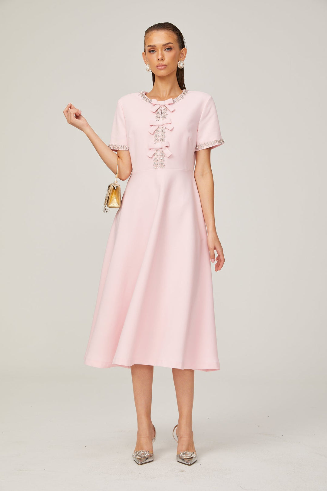 PINK BOW-DETAIL SHORT-SLEEVE CRYSTAL MIDI DRESS