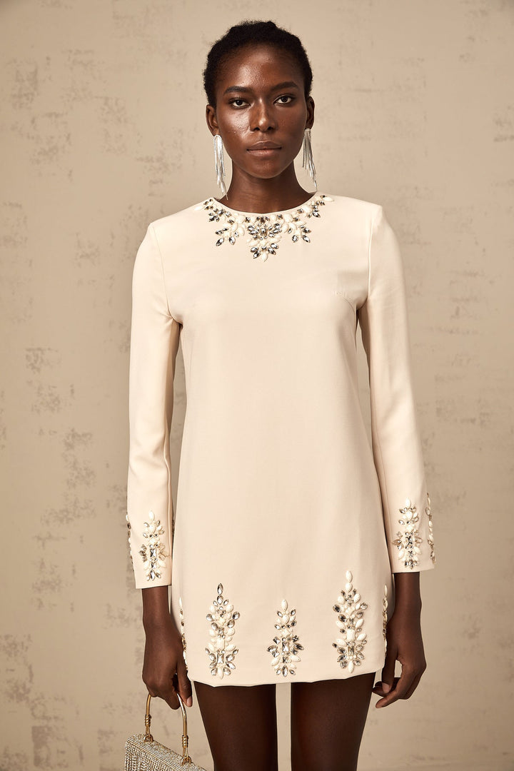 CRYSTAL-EMBELLISHED LONG-SLEEVED MINI DRESS IN NEUTRALS