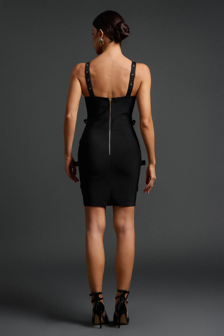 DARLENE BELT EMBELLISHED BODYCON MINI DRESS IN BLACK