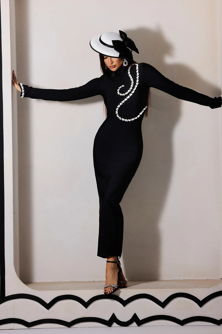 Diamond Setting Long Sleeve Bandage Maxi Dress