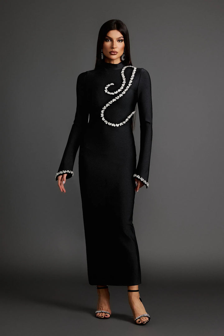 Diamond Setting Long Sleeve Bandage Maxi Dress