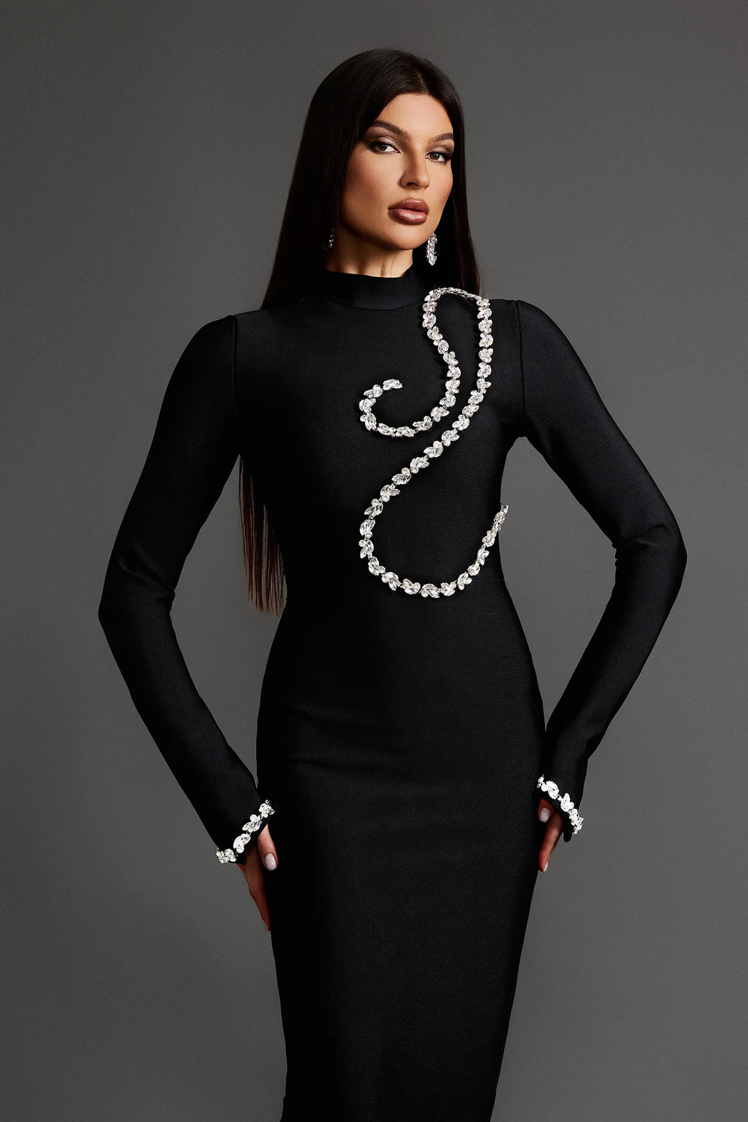 Diamond Setting Long Sleeve Bandage Maxi Dress