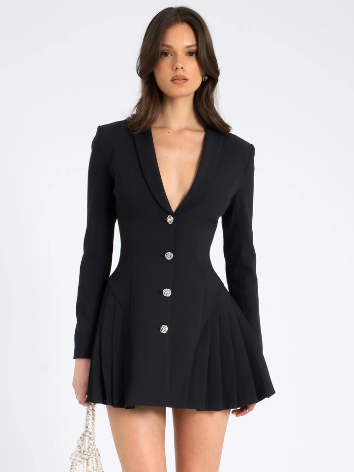 Black Blazer Mini Dress with Crystal Button and Pleated Detail