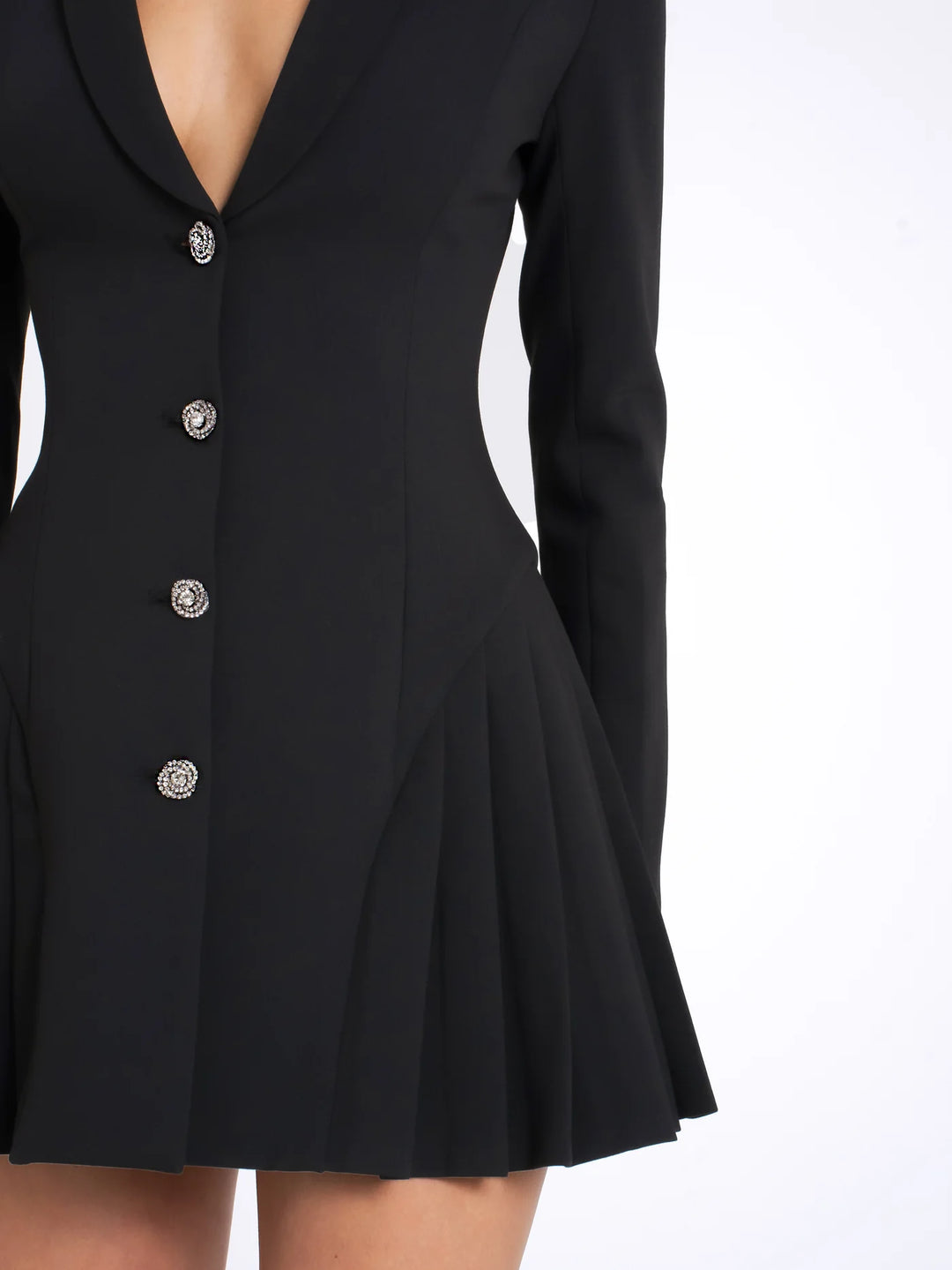 Black Blazer Mini Dress with Crystal Button and Pleated Detail