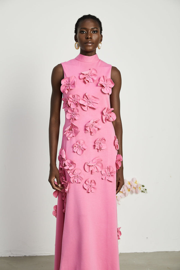 MAGALI BOW-TIE FAUX-FLOWER EMBELLISHED SLEEVELESS MAXI DRESS IN PINK