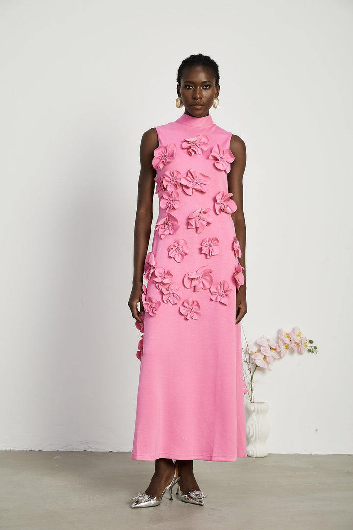 MAGALI BOW-TIE FAUX-FLOWER EMBELLISHED SLEEVELESS MAXI DRESS IN PINK