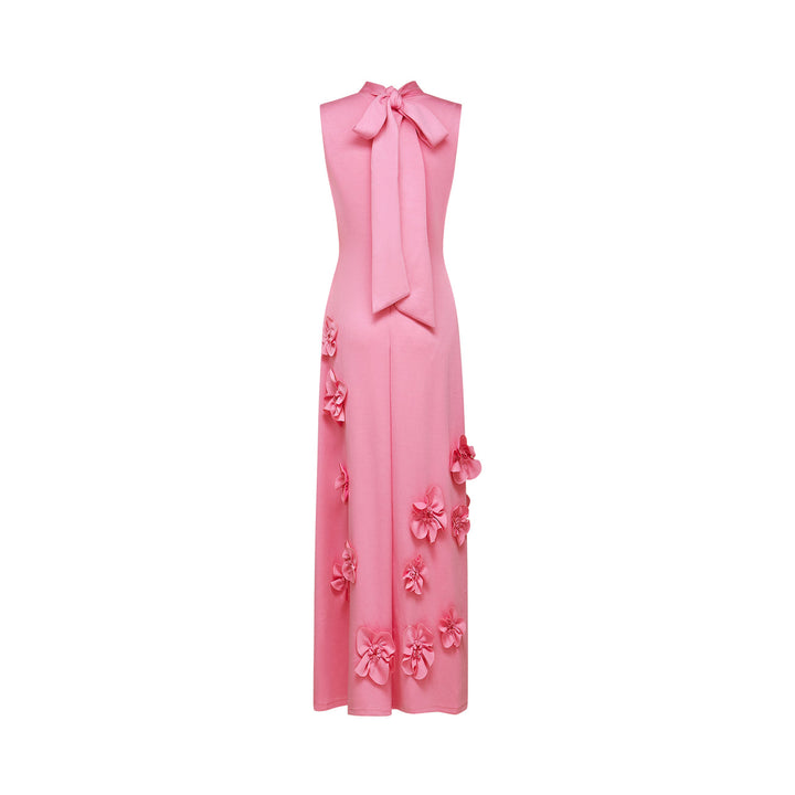 MAGALI BOW-TIE FAUX-FLOWER EMBELLISHED SLEEVELESS MAXI DRESS IN PINK