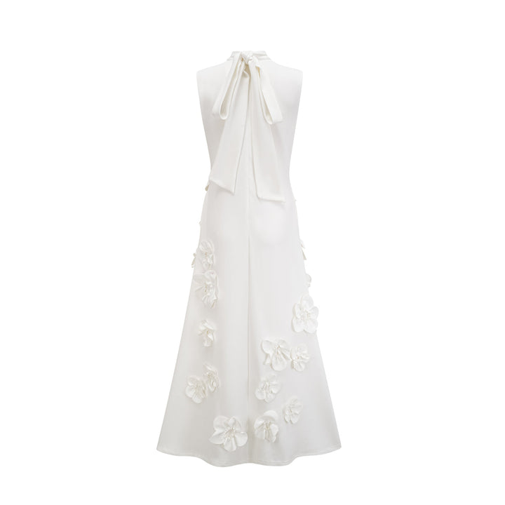 MAGALI BOW-TIE FAUX-FLOWER EMBELLISHED SLEEVELESS MAXI DRESS IN WHITE