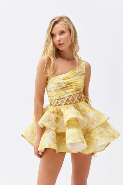 Floral Printed One-shoulder Mini Chiffon Dress