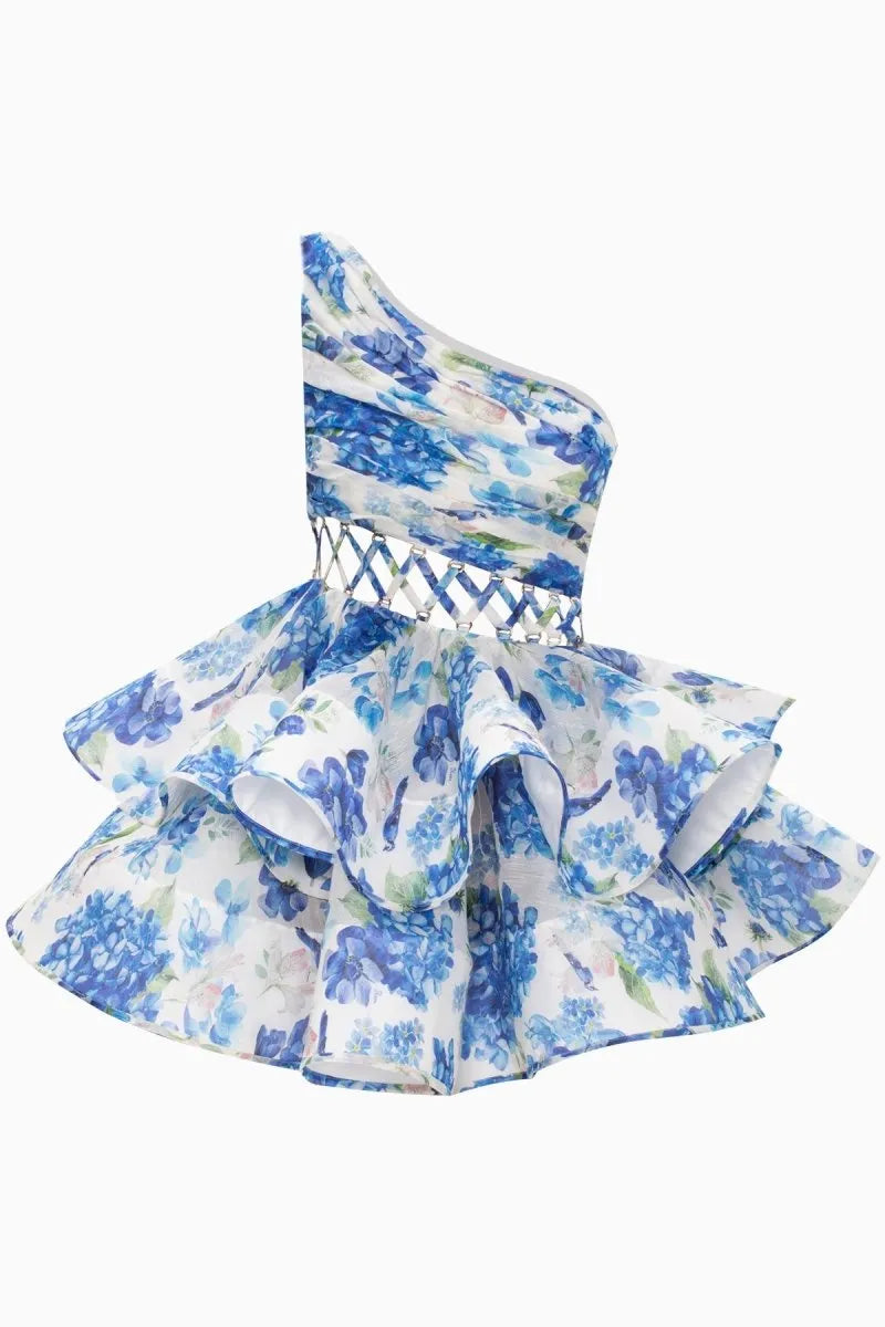 Floral Printed One-shoulder Mini Chiffon Dress