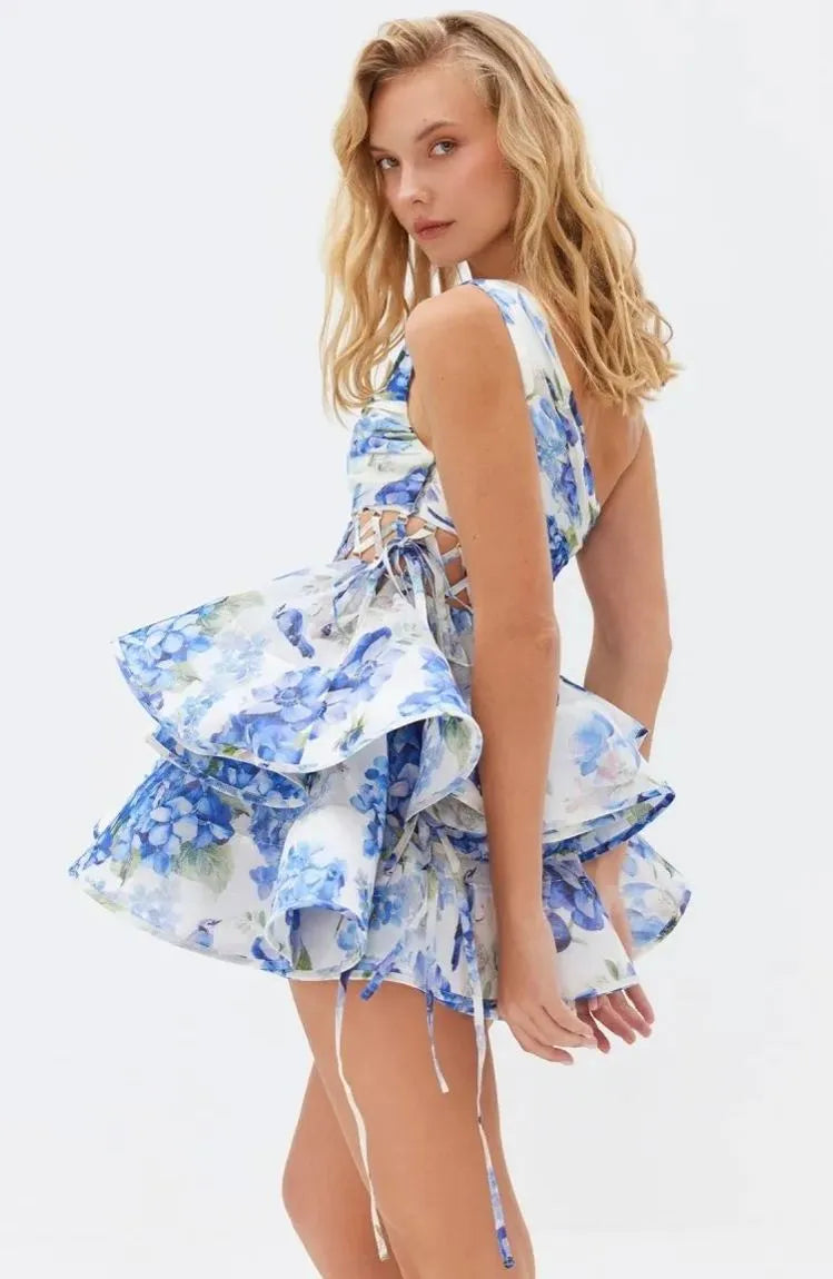 Floral Printed One-shoulder Mini Chiffon Dress