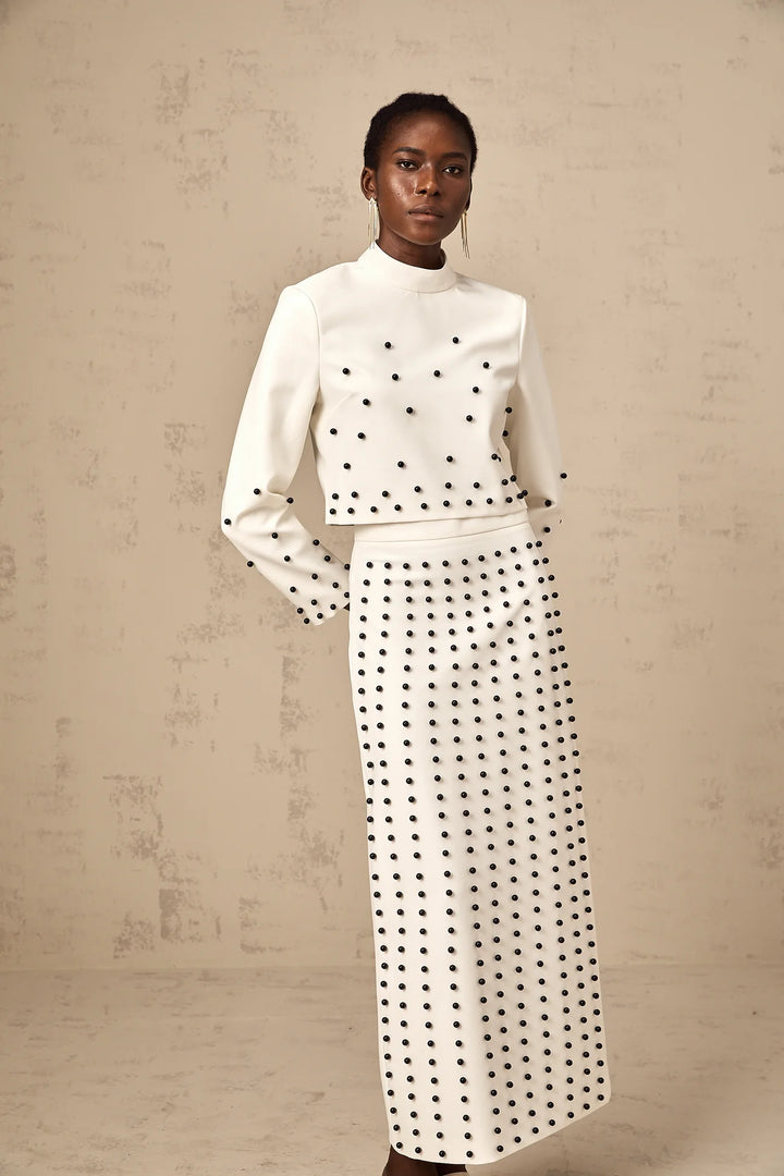 WHITE FAUX-PEARL TOP & SKIRT MATCHING SET