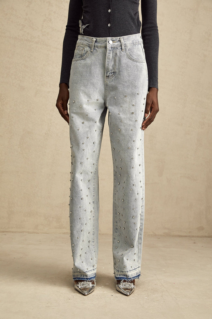 HIGH-RISE WIDE-LEG RHINESTONE-EMBELLISHED JEANS