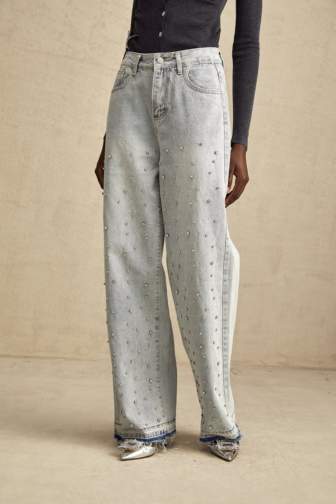 HIGH-RISE WIDE-LEG RHINESTONE-EMBELLISHED JEANS