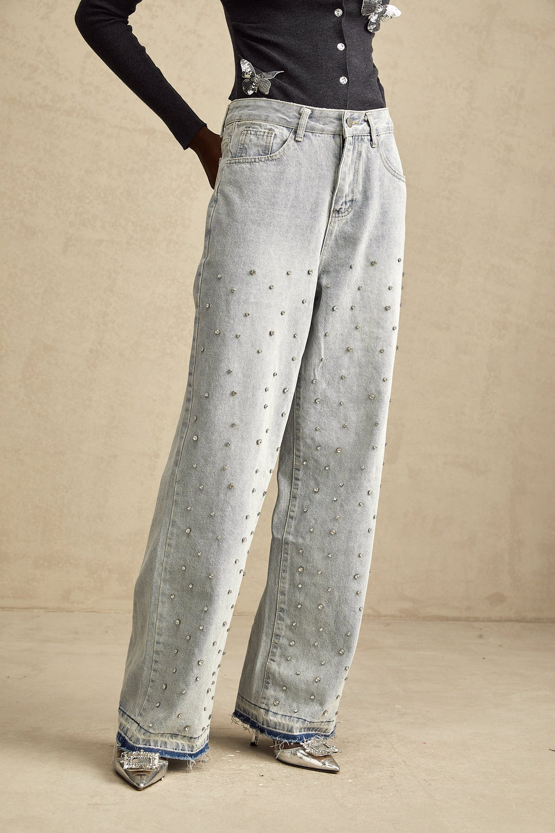 HIGH-RISE WIDE-LEG RHINESTONE-EMBELLISHED JEANS