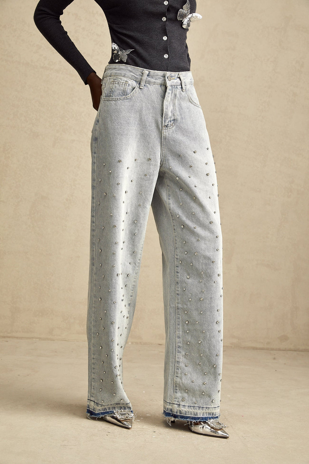 HIGH-RISE WIDE-LEG RHINESTONE-EMBELLISHED JEANS