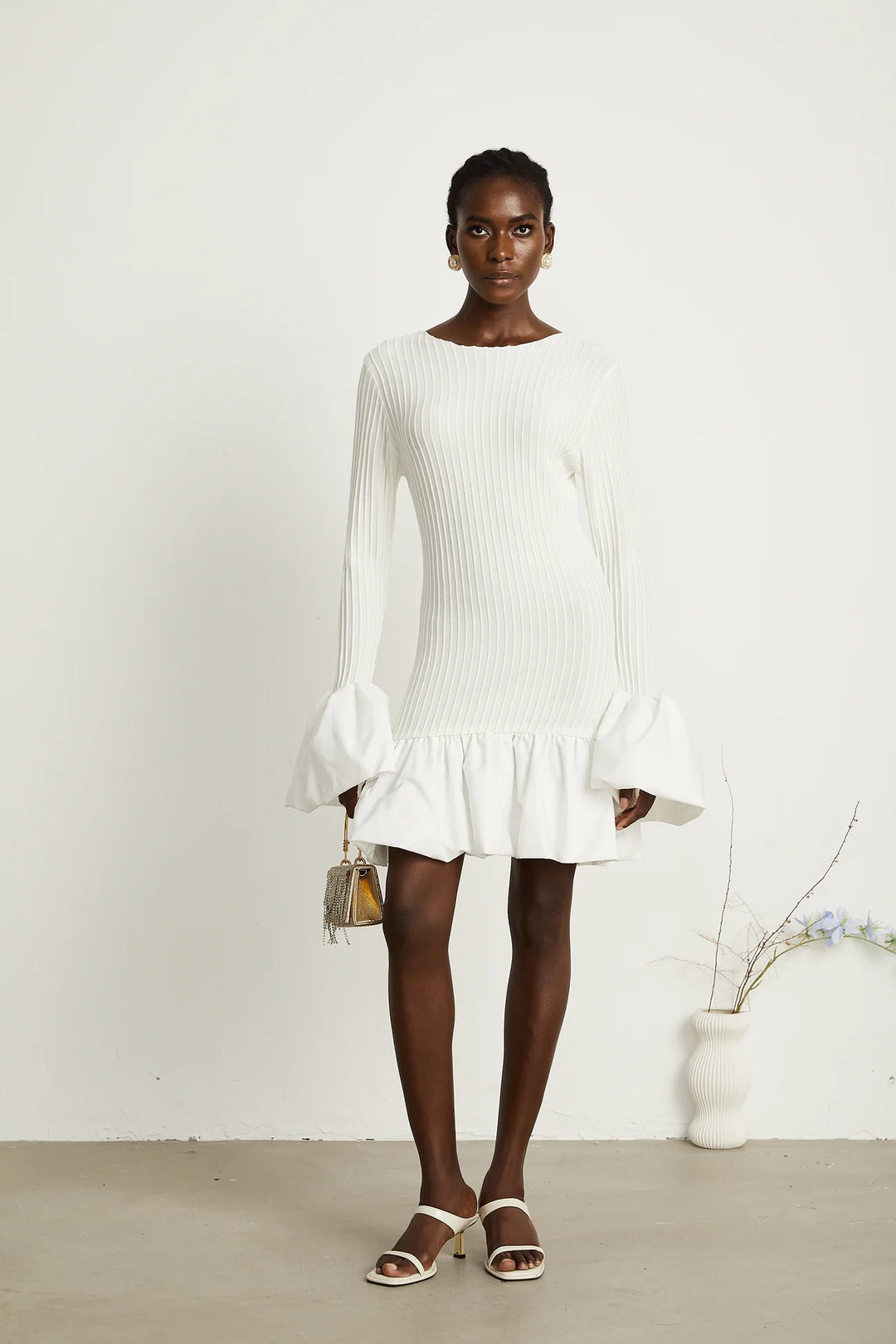 KNIT-PANELLED PLEATED MINI DRESS