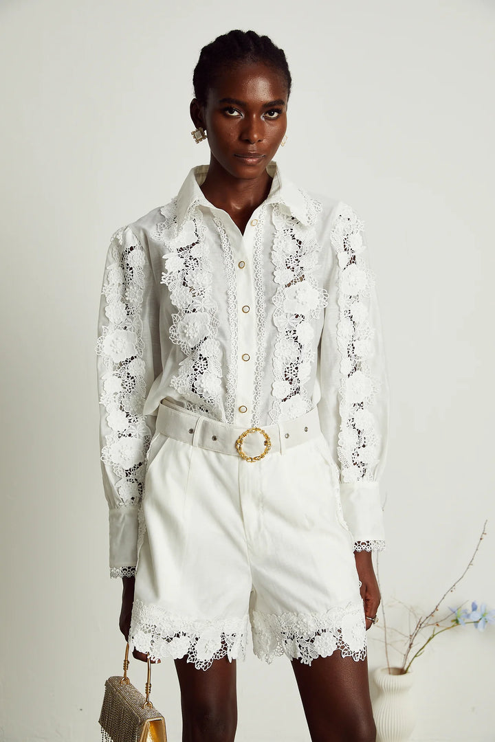 LACE-TRIM EMBROIDERED SHIRT & SHORTS MATCHING SET