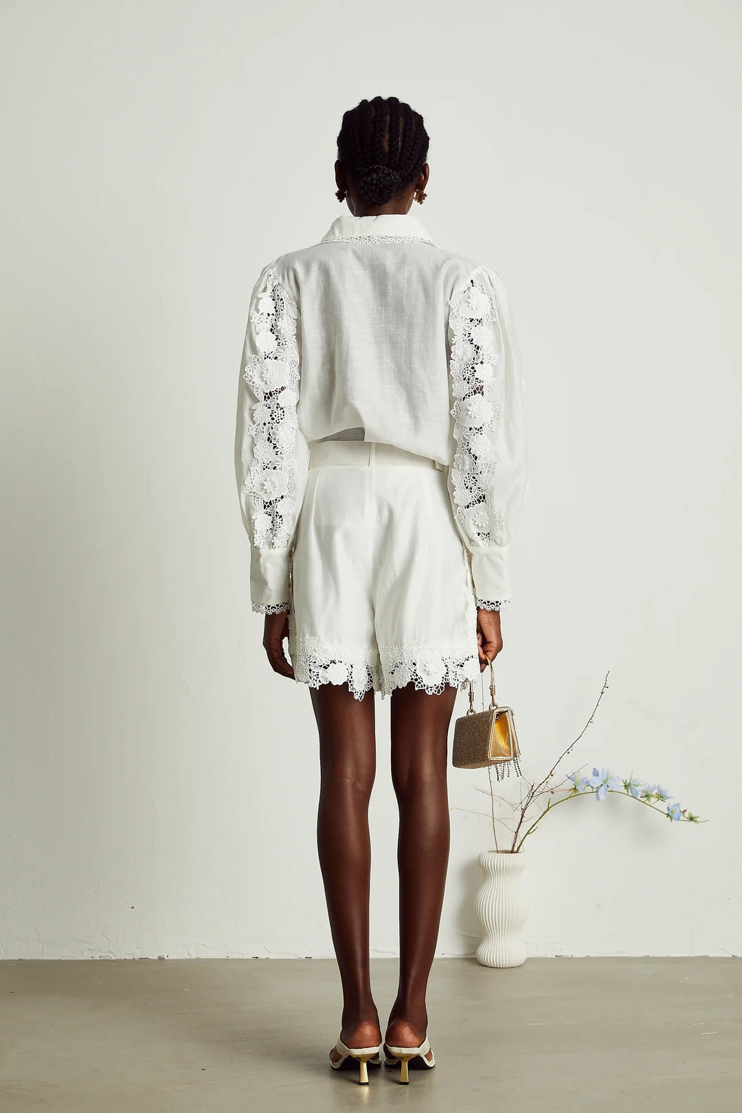 LACE-TRIM EMBROIDERED SHIRT & SHORTS MATCHING SET