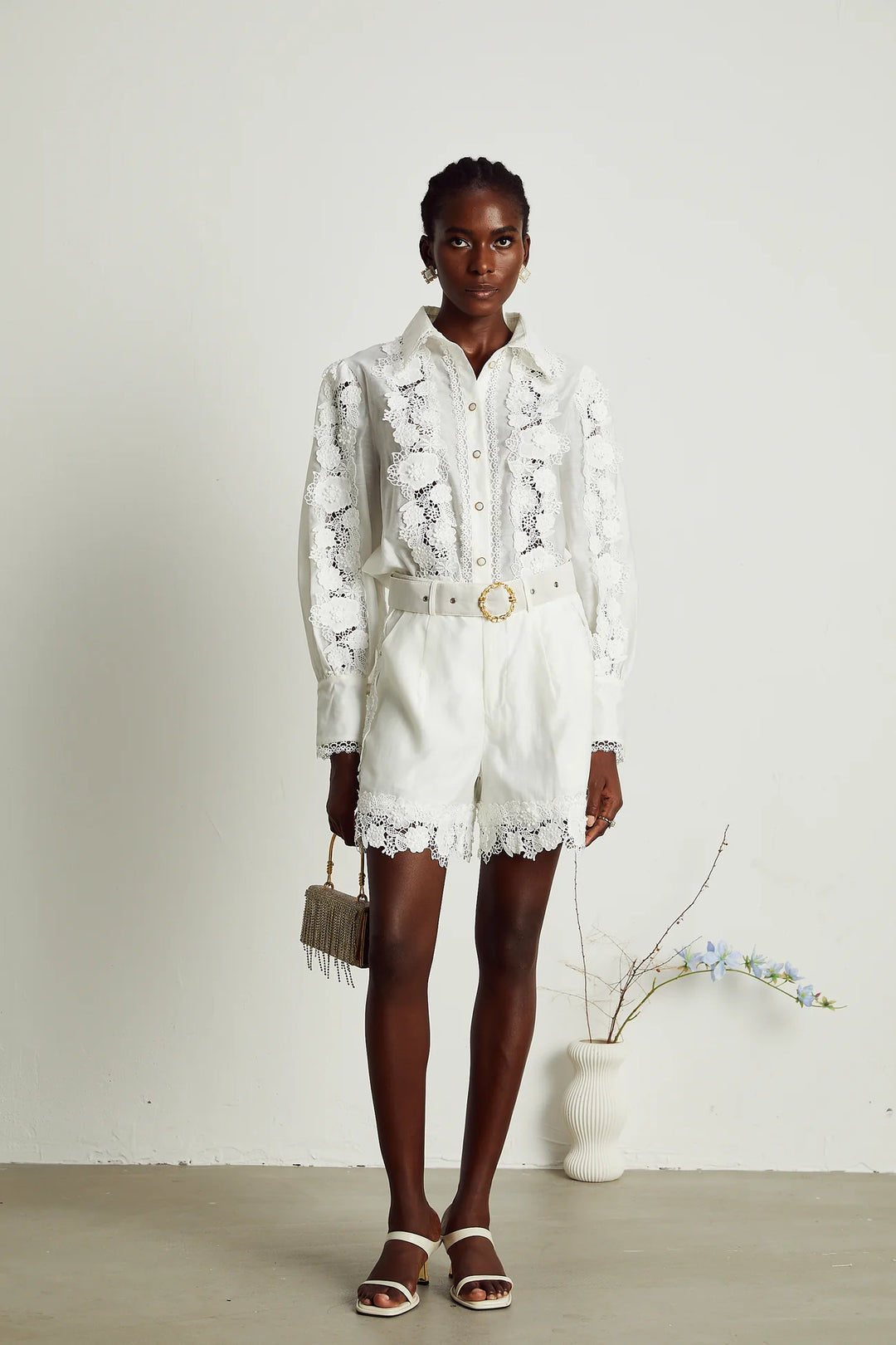 LACE-TRIM EMBROIDERED SHIRT & SHORTS MATCHING SET