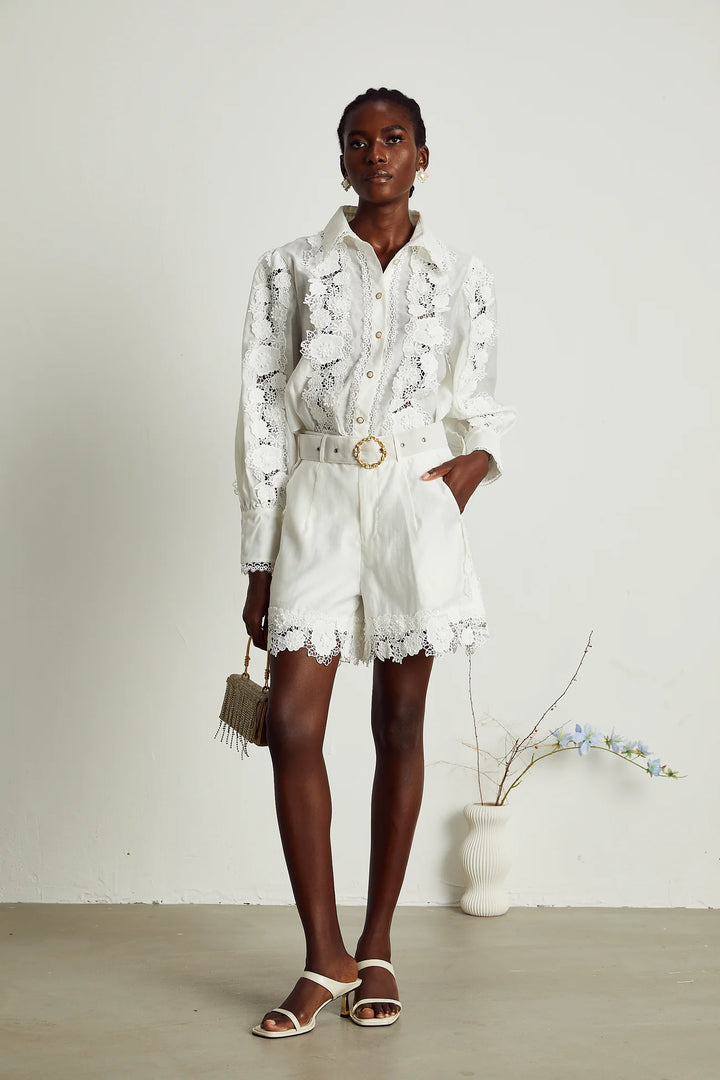 LACE-TRIM EMBROIDERED SHIRT & SHORTS MATCHING SET