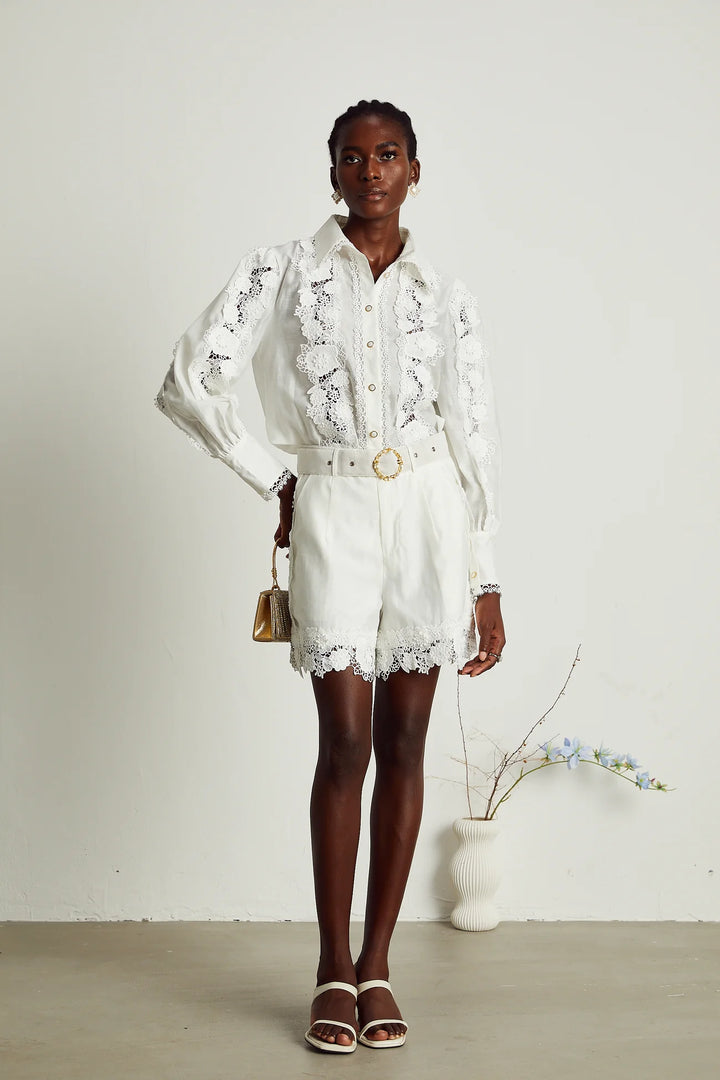 LACE-TRIM EMBROIDERED SHIRT & SHORTS MATCHING SET