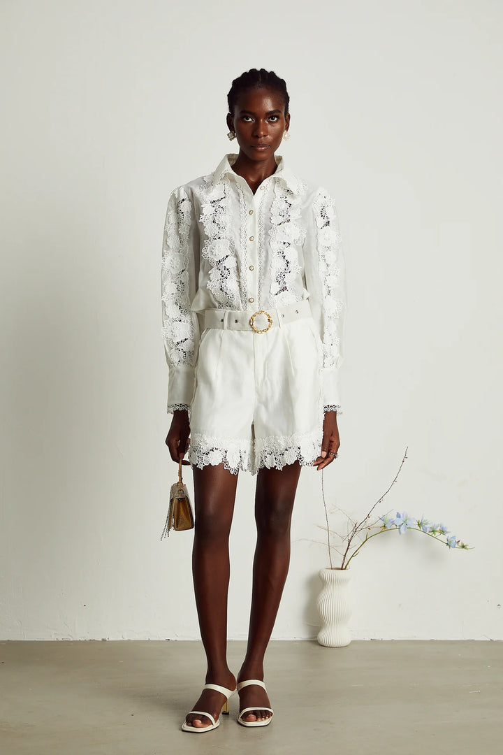 LACE-TRIM EMBROIDERED SHIRT & SHORTS MATCHING SET