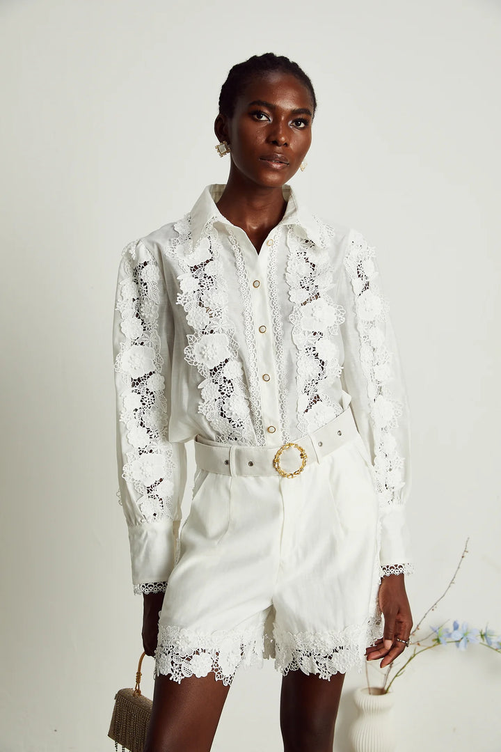 LACE-TRIM EMBROIDERED SHIRT & SHORTS MATCHING SET