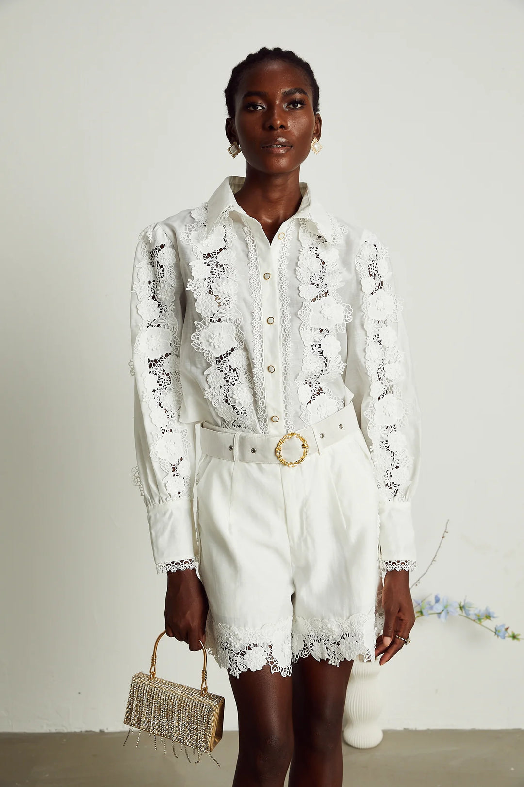 LACE-TRIM EMBROIDERED SHIRT & SHORTS MATCHING SET