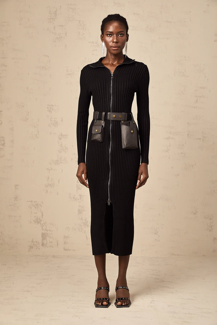 BLACK FRONT-ZIP BELTED KNIT MIDI DRESS