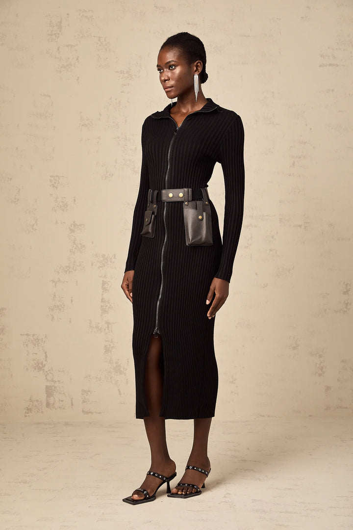 BLACK FRONT-ZIP BELTED KNIT MIDI DRESS