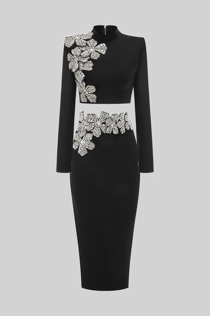 DIAMOND FLOWER ACCENT 2 PIECE SET WITH LONG SLEEVES TOP AND MAXI SKIRT - BLACK