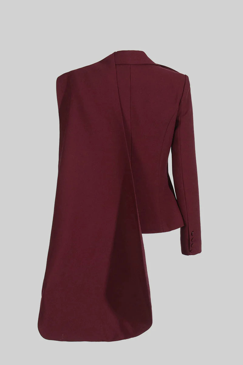 MODERN BLAZER WITH ASYMMETRICAL DRAPED SCARF - BURGUNDY