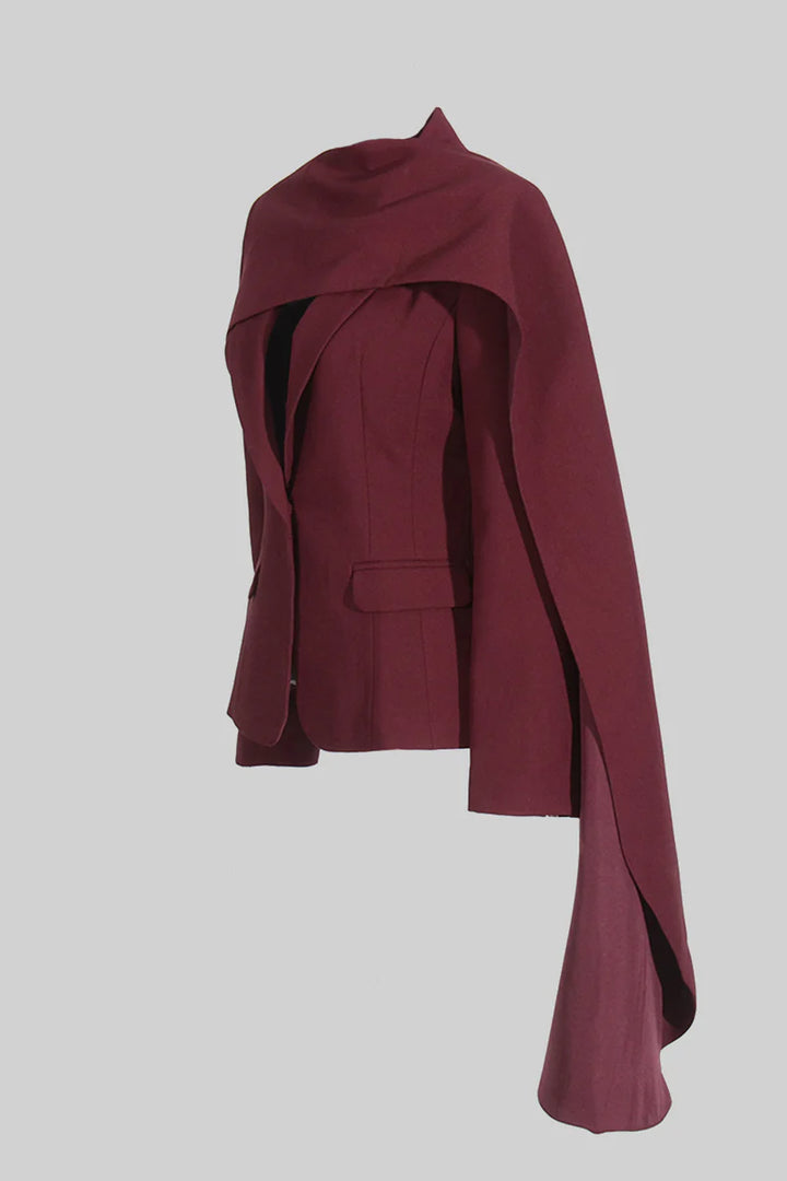 MODERN BLAZER WITH ASYMMETRICAL DRAPED SCARF - BURGUNDY