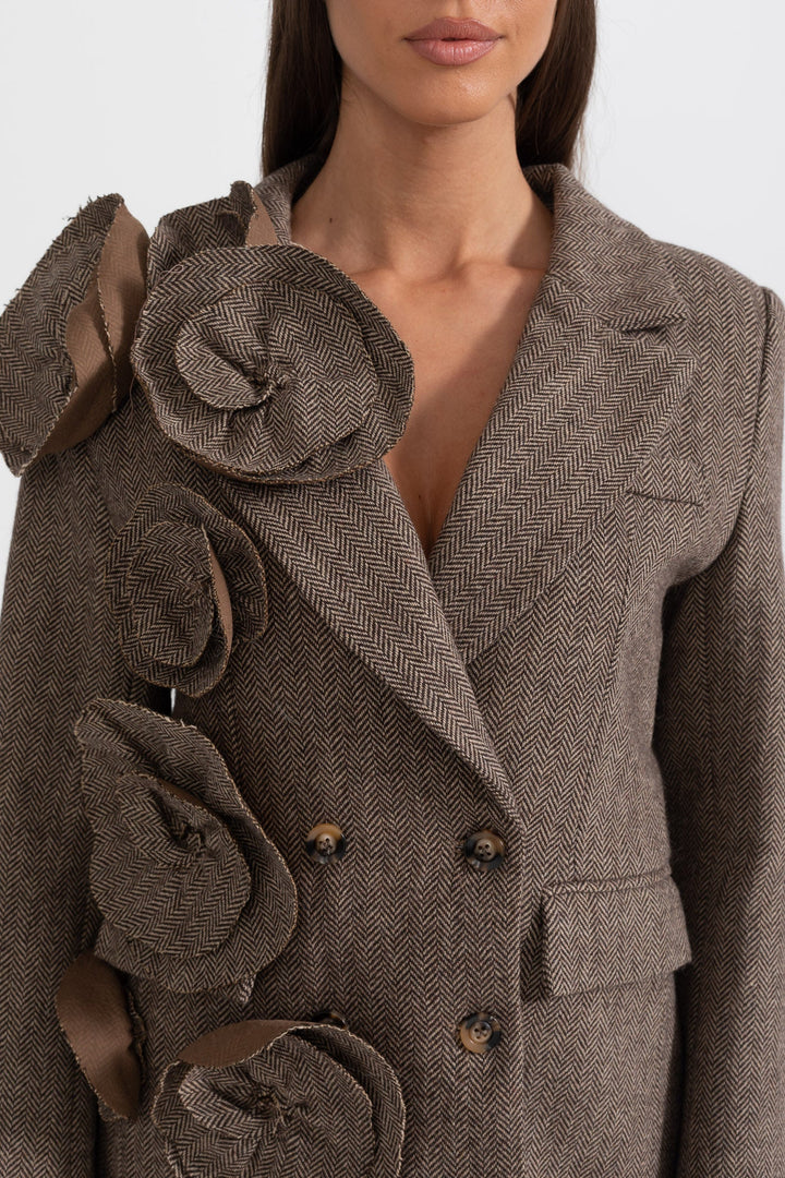 FLORAL EMBELLISHED DOUBLE-BREASTED TWEED BLAZER - BROWN