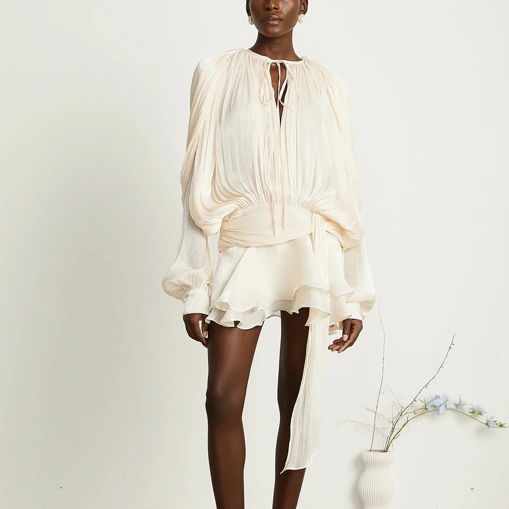 FULLY-PLEATED RUFFLED MINI DRESS IN NEUTRALS