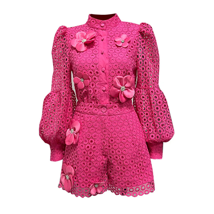 Faux-flower cut-out blouse & shorts matching set