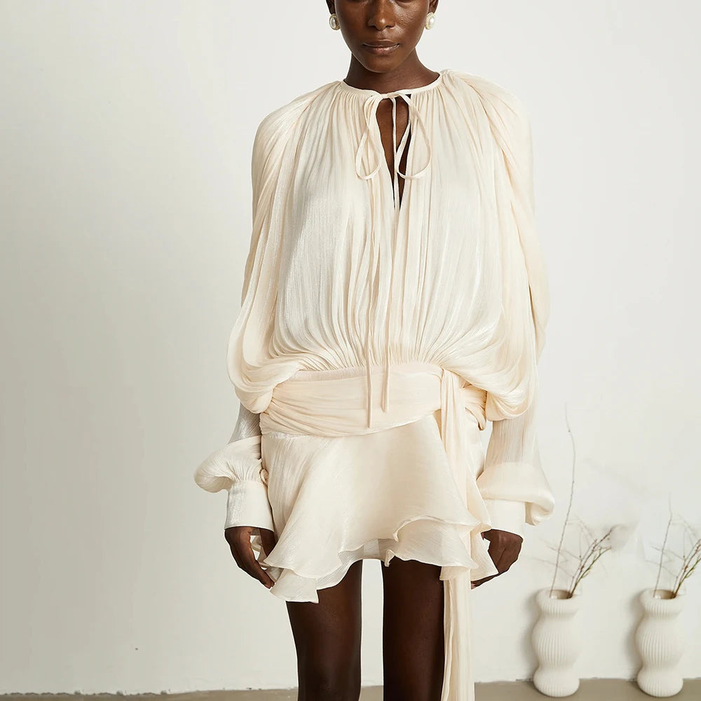 FULLY-PLEATED RUFFLED MINI DRESS IN NEUTRALS